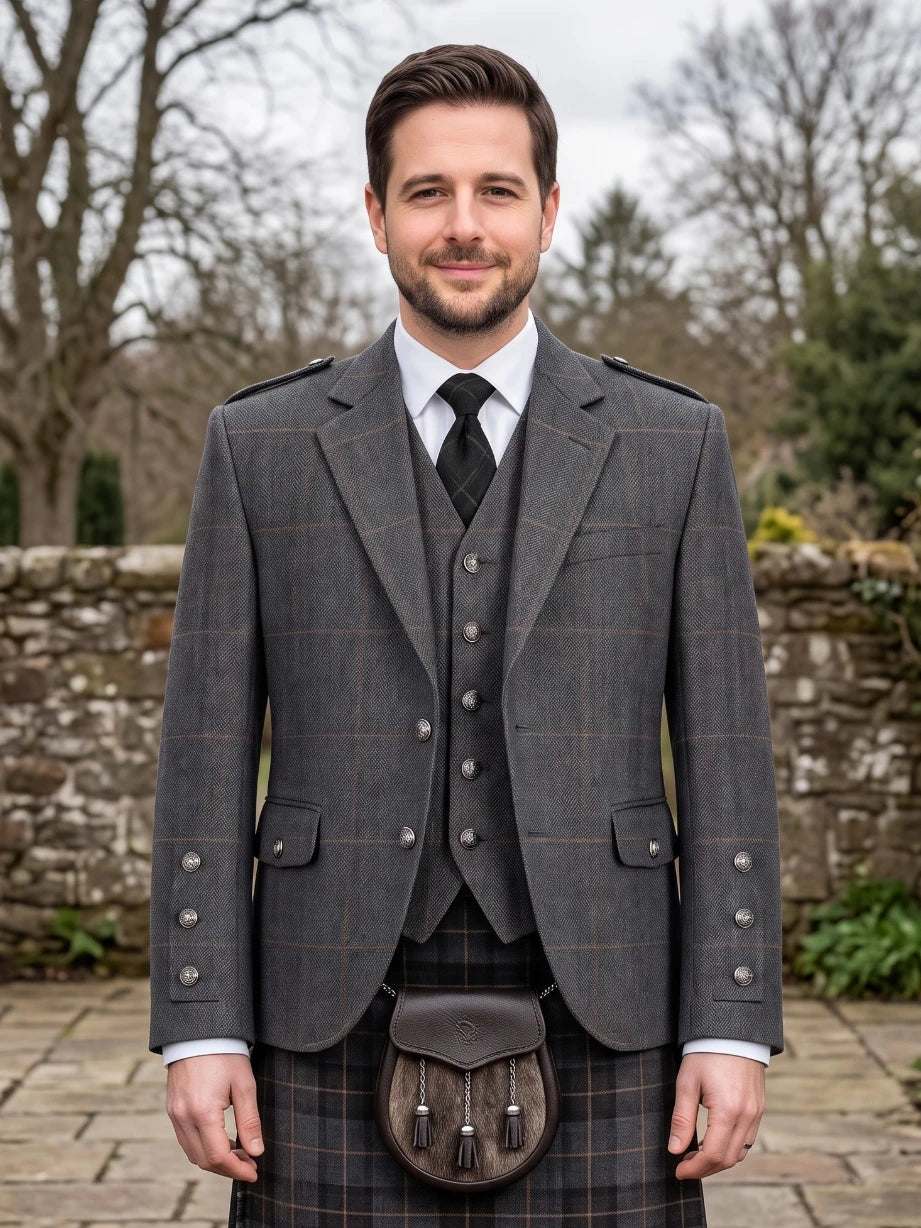 Charcoal Grey Tweed Argyle Kilt Jacket With Vest