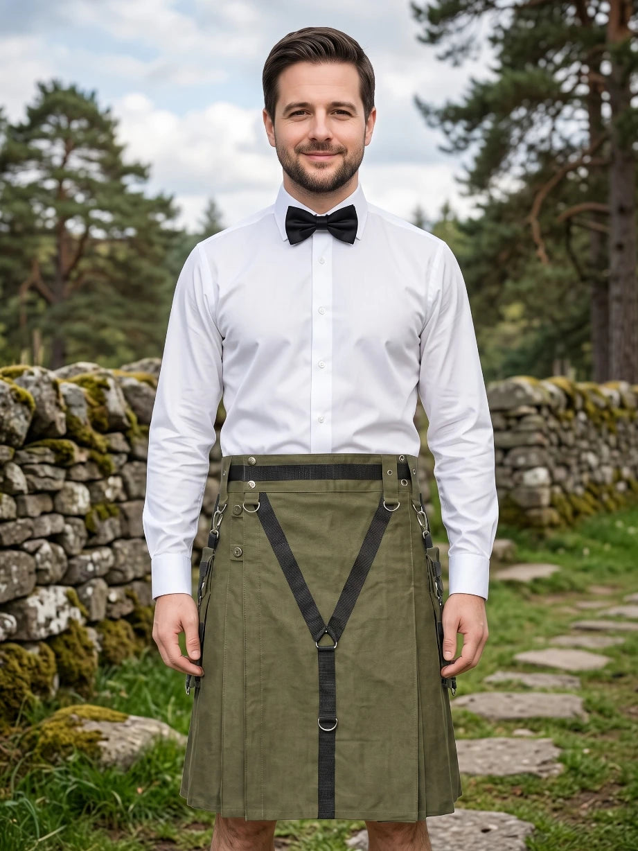 Custom Made Cotton Olive Green Utility Kilt
