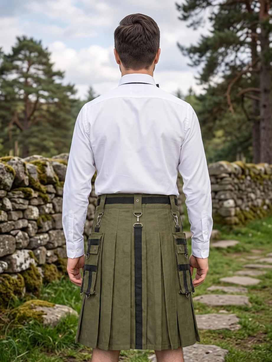 Custom Made Cotton Olive Green Utility Kilt