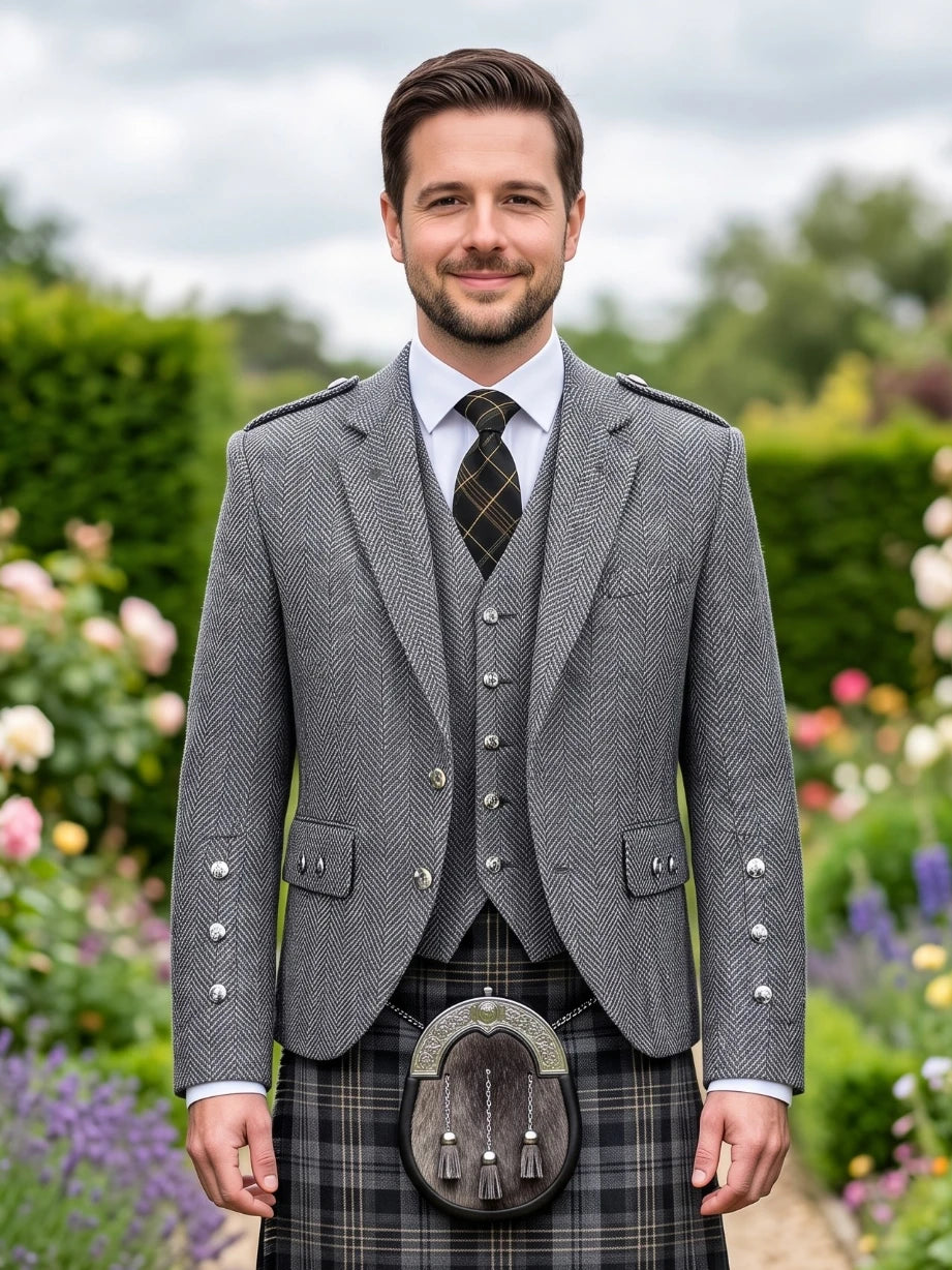 Dark Grey Tweed Argyle Kilt Jacket With Vest