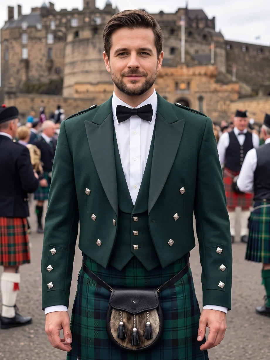 Forest Green Prince Charlie Kilt Jacket with Satin Lapels & Silver Square Buttons