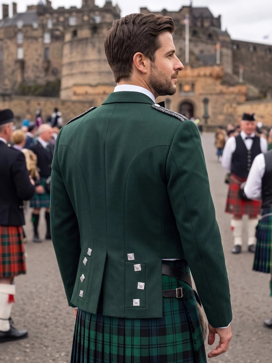 Forest Green Prince Charlie Kilt Jacket with Satin Lapels & Silver Square Buttons