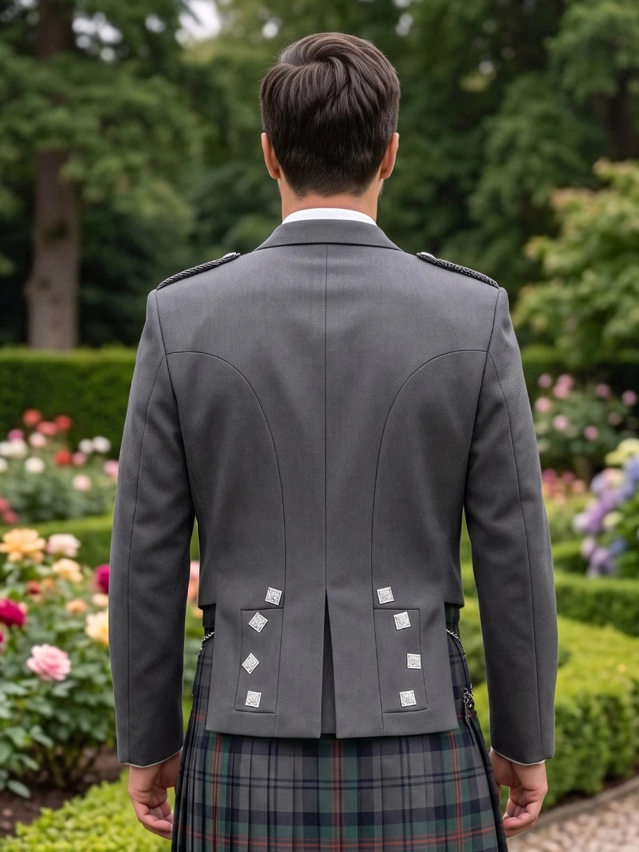 Grey Prince Charlie Kilt Jacket with Satin Lapels & Silver Square Buttons