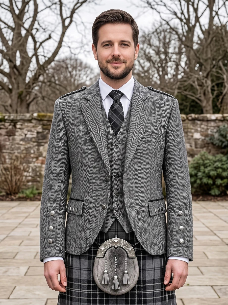 Grey Tweed Argyle Kilt Jacket With Vest