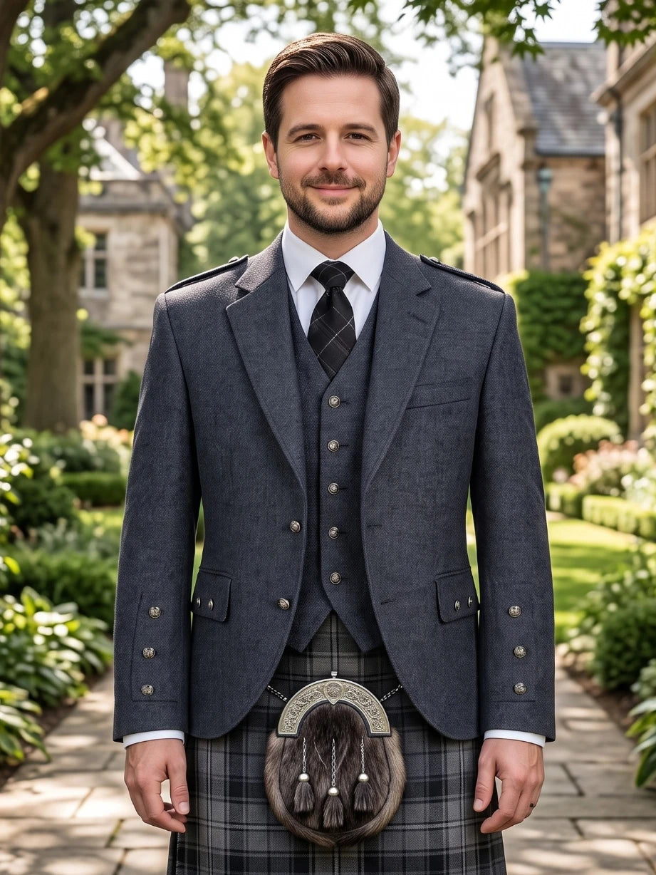 Grey Wool Argyle Kilt Jacket With Vest