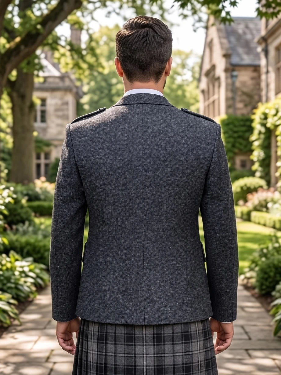 Grey Wool Argyle Kilt Jacket With Vest