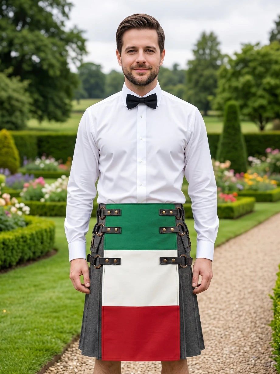 Custom Made Italian Flag Black Denim Kilt With Leather Straps
