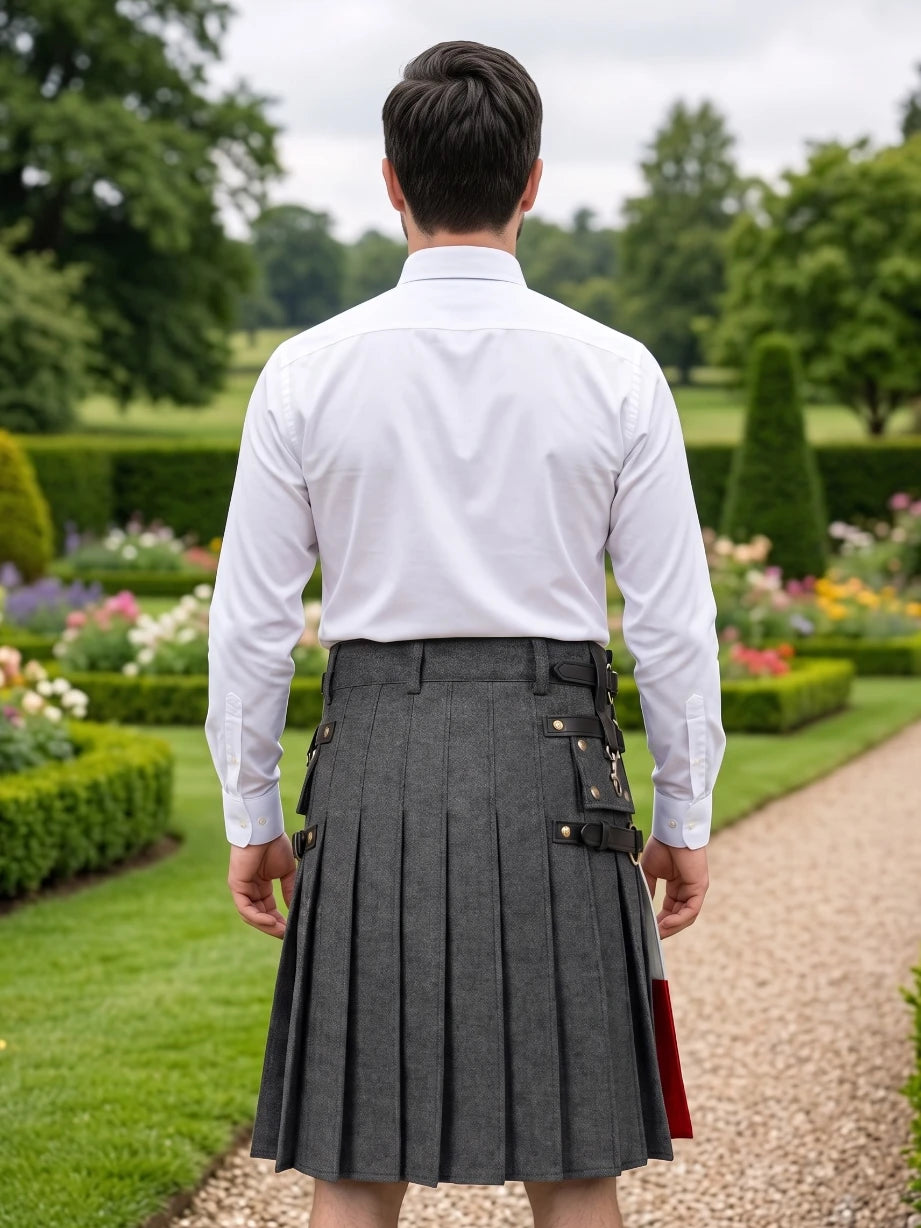 Custom Made Italian Flag Black Denim Kilt With Leather Straps