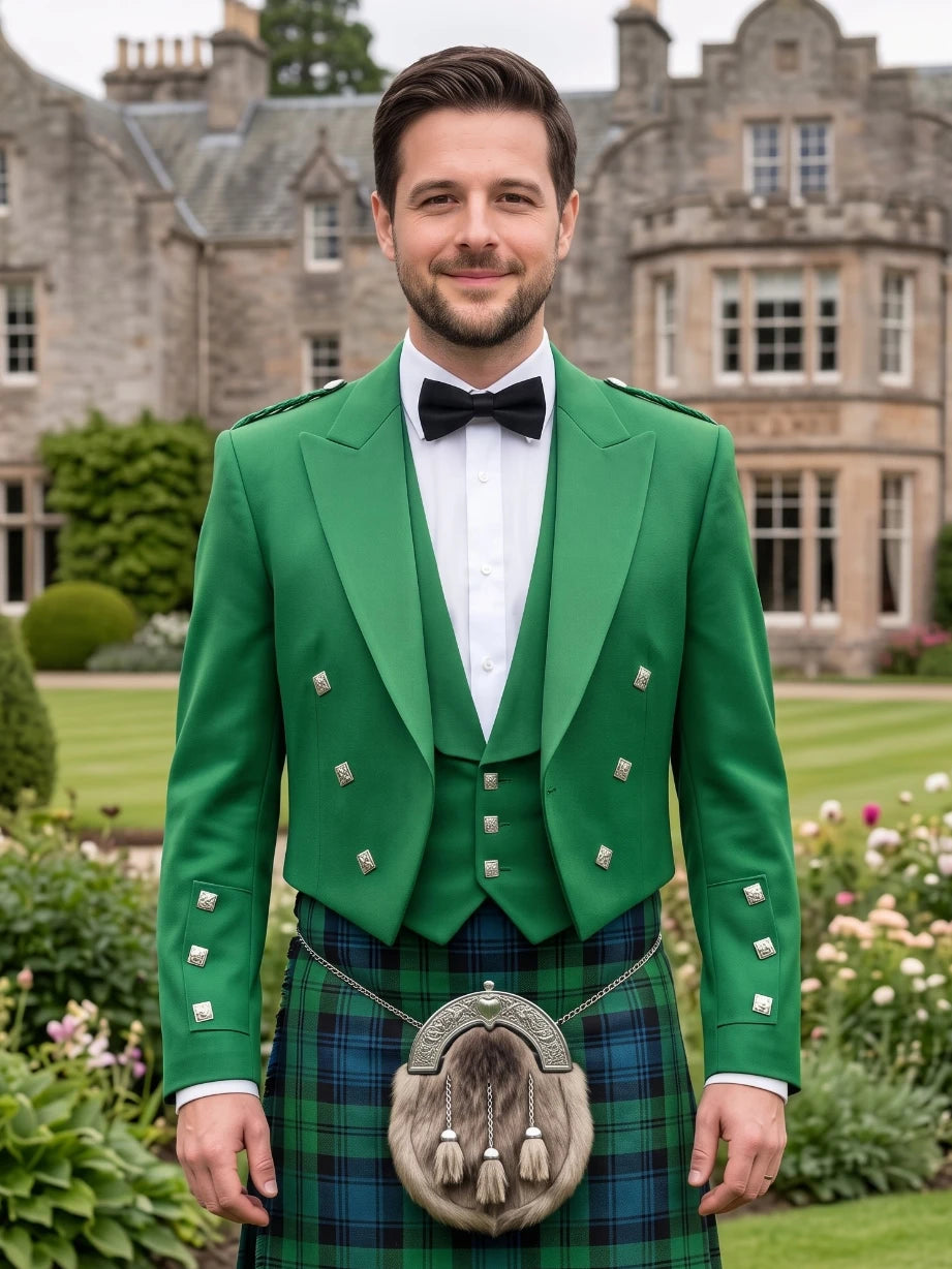 Kelly Green Prince Charlie Kilt Jacket with Satin Lapels & Silver Square Buttons