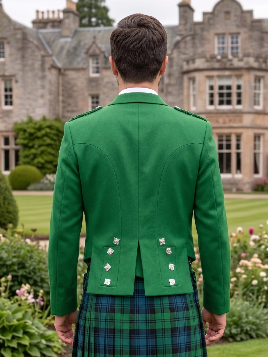 Kelly Green Prince Charlie Kilt Jacket with Satin Lapels & Silver Square Buttons