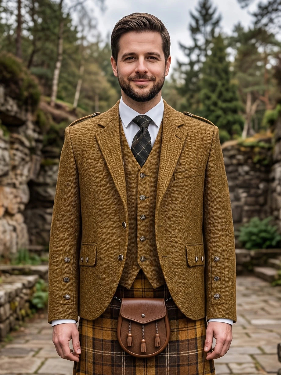 Mustard Yellow Tweed Argyle Kilt Jacket With Vest