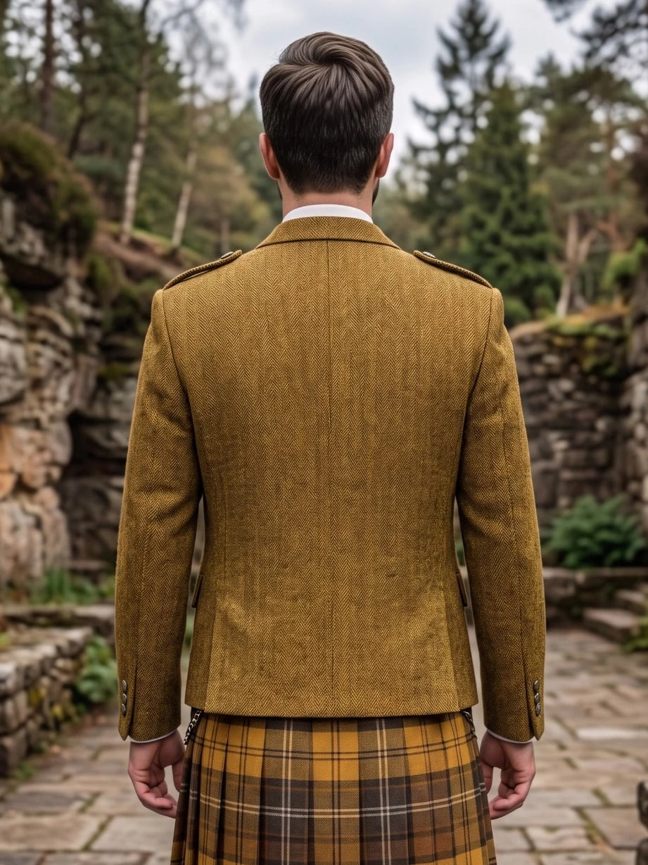 Mustard Yellow Tweed Argyle Kilt Jacket With Vest