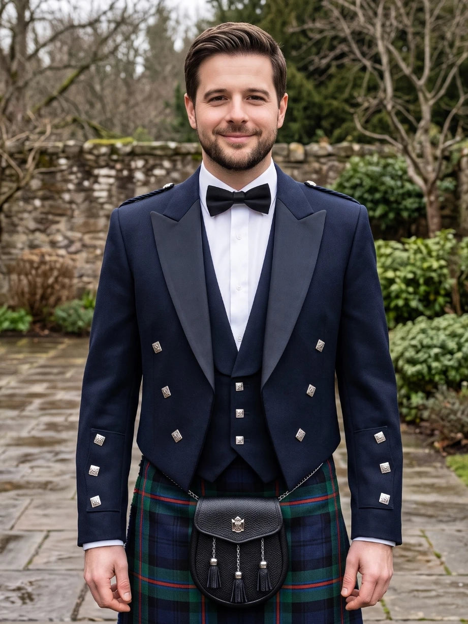 Navy Blue Prince Charlie Kilt Jacket with Satin Lapels & Silver Square Buttons