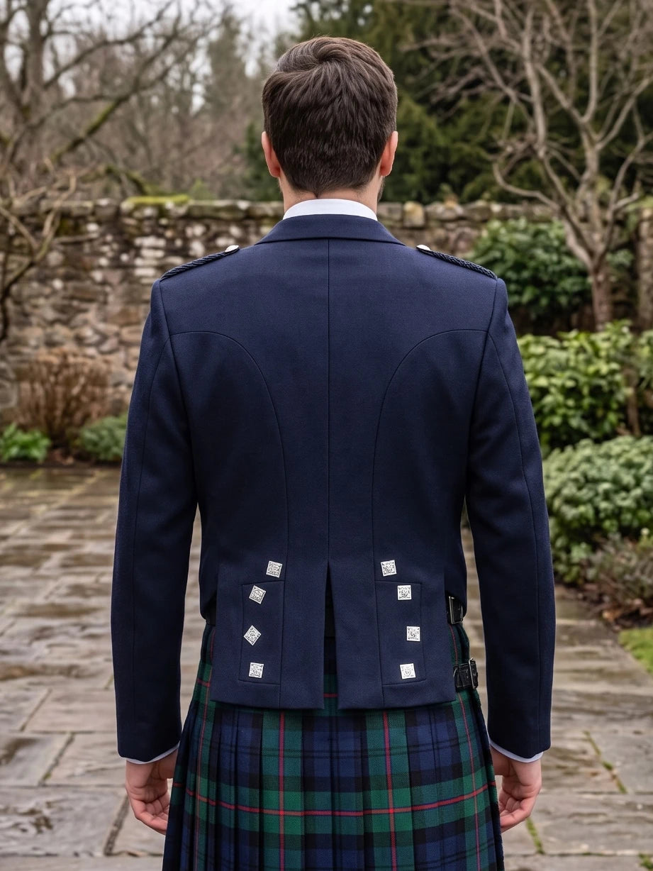 Navy Blue Prince Charlie Kilt Jacket with Satin Lapels & Silver Square Buttons