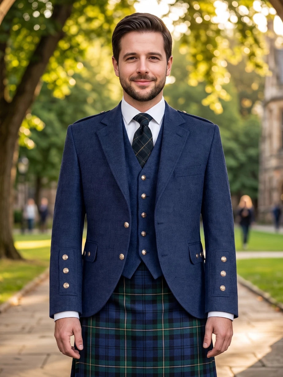 Navy Blue Wool Argyle Kilt Jacket With Vest