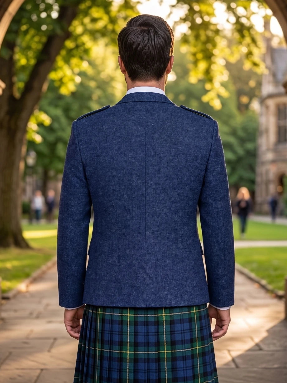 Navy Blue Wool Argyle Kilt Jacket With Vest