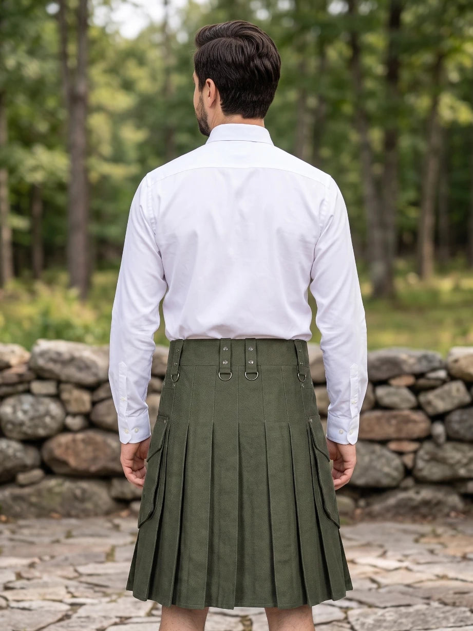 Custom Made Olive Green Casual Utility Kilt