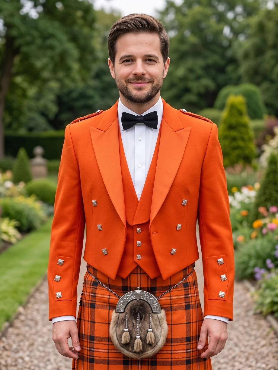 Orange Prince Charlie Kilt Jacket with Satin Lapels & Silver Square Buttons