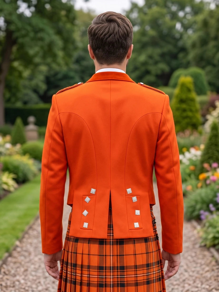 Orange Prince Charlie Kilt Jacket with Satin Lapels & Silver Square Buttons