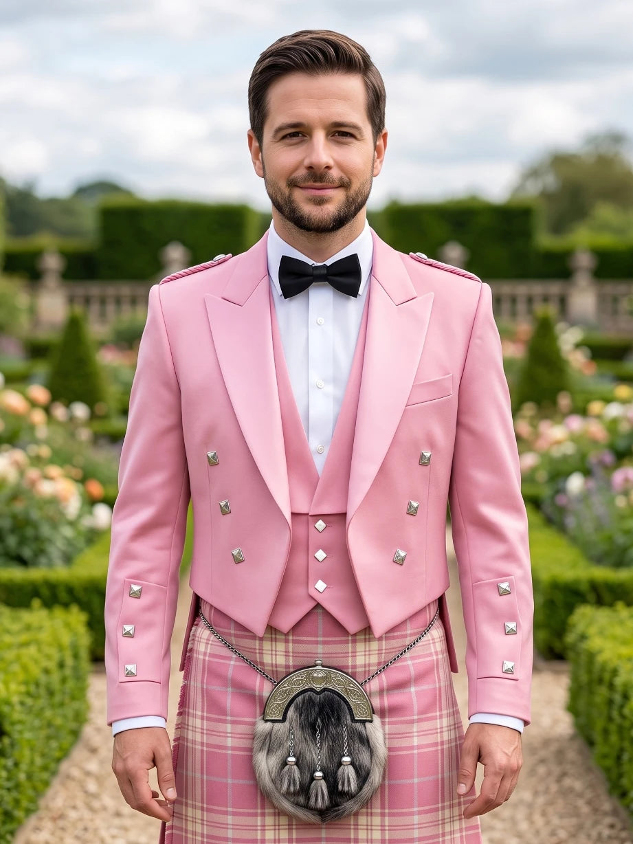 Pink Prince Charlie Kilt Jacket with Satin Lapels & Silver Square Buttons