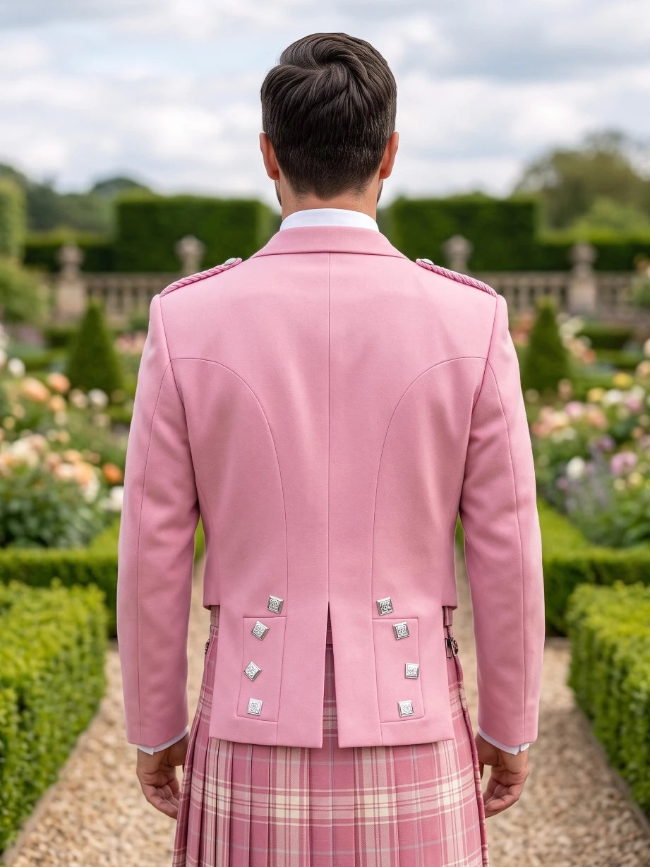 Pink Prince Charlie Kilt Jacket with Satin Lapels & Silver Square Buttons