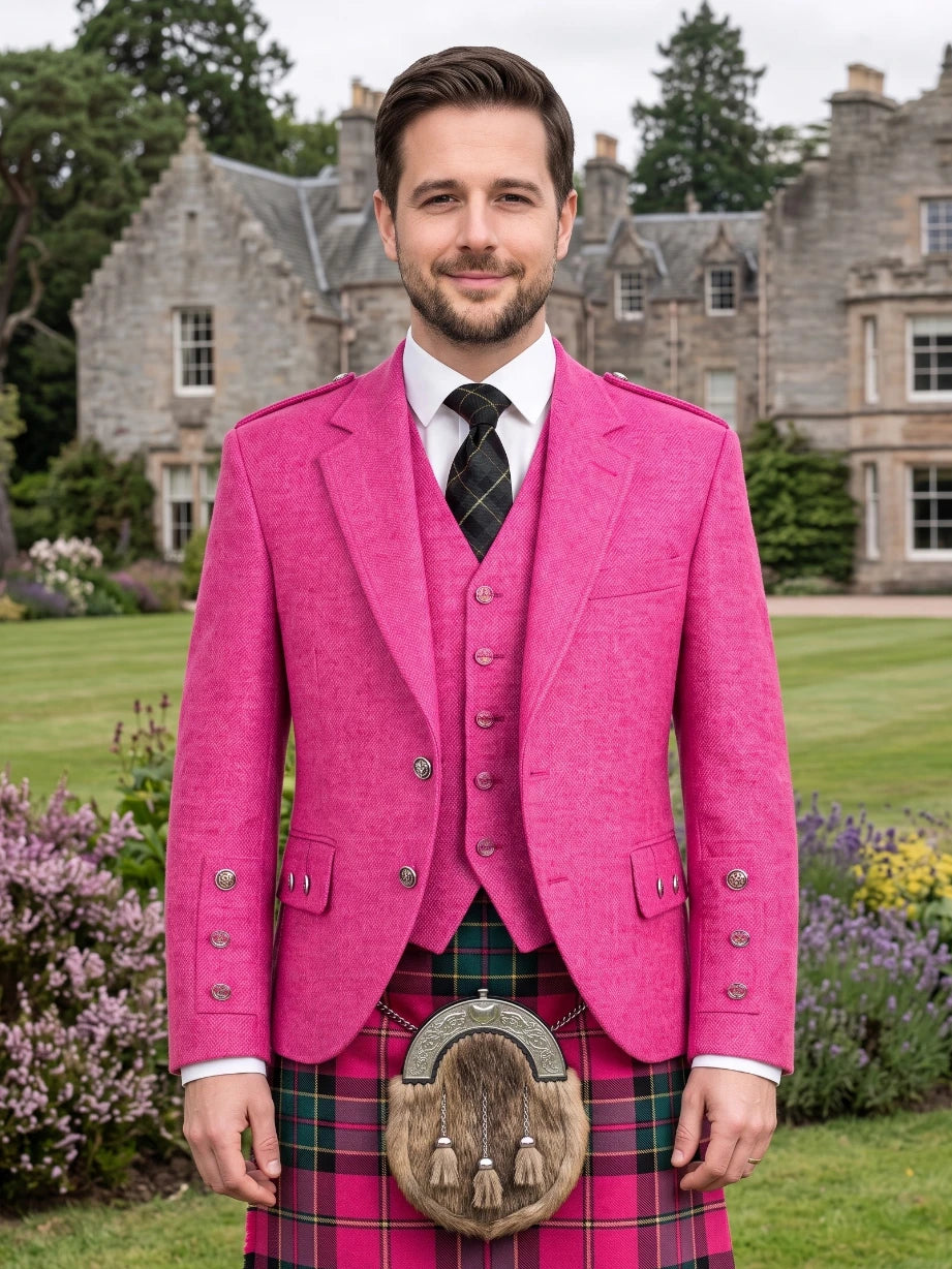 Pink Tweed Argyle Kilt Jacket With Vest