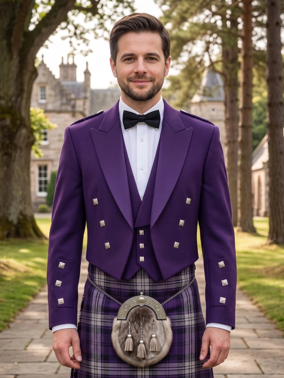 Purple Prince Charlie Kilt Jacket with Satin Lapels & Silver Square Buttons