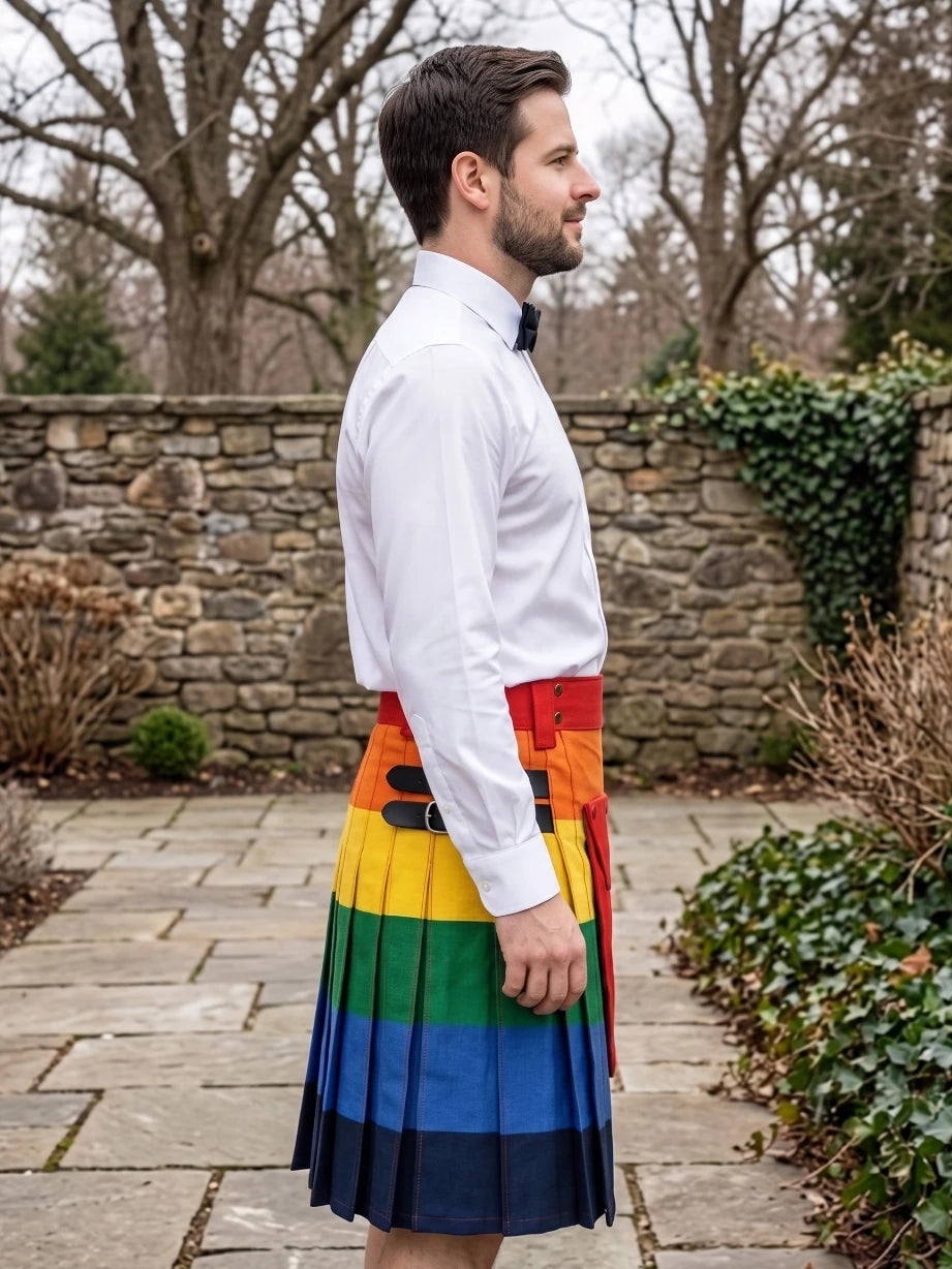A man standing outdoors in profile wearing a white dress shirt and a rainbow-striped kilt with a black waist belt.