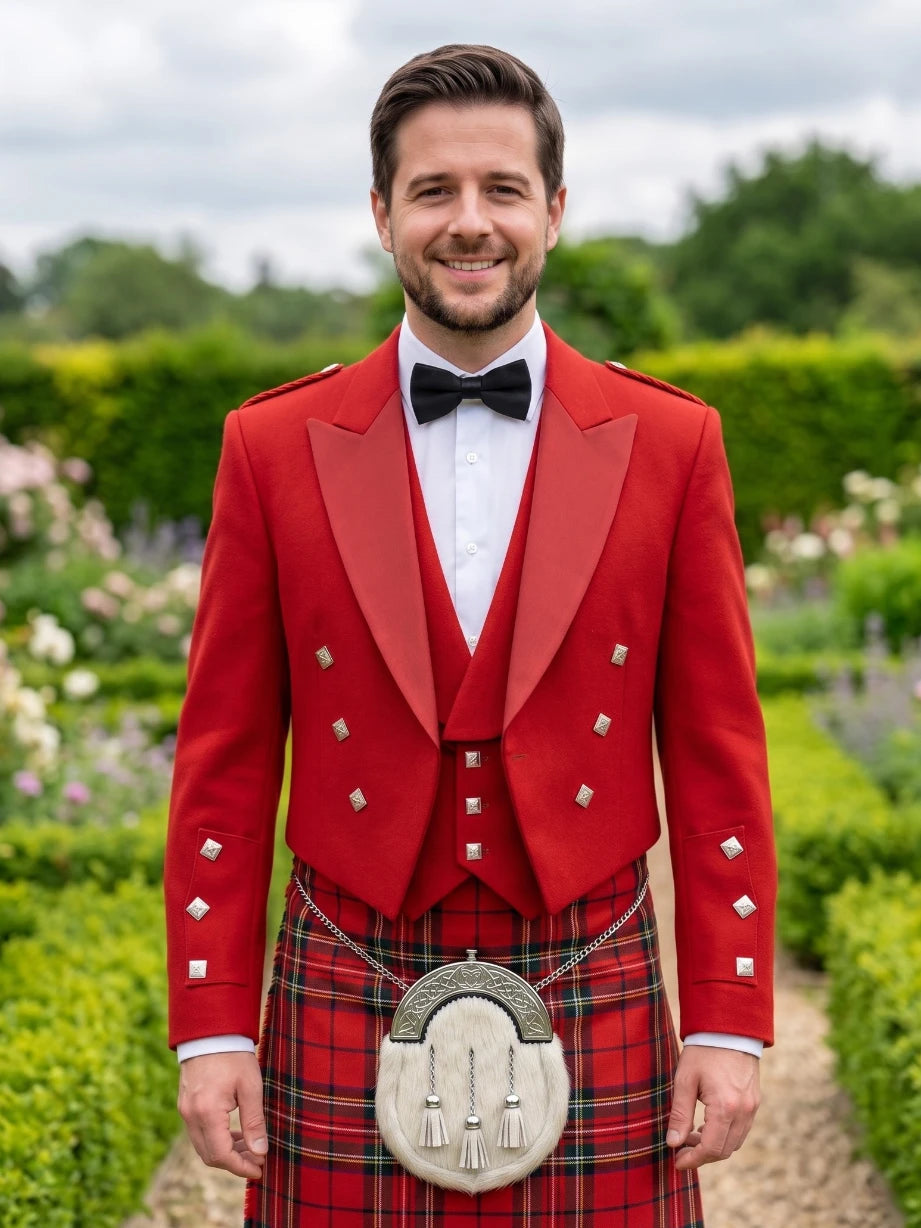 Red Prince Charlie Kilt Jacket with Satin Lapels & Silver Square Buttons