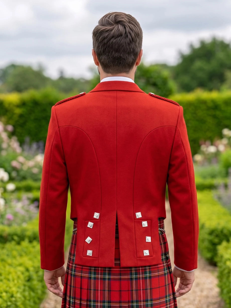 Red Prince Charlie Kilt Jacket with Satin Lapels & Silver Square Buttons