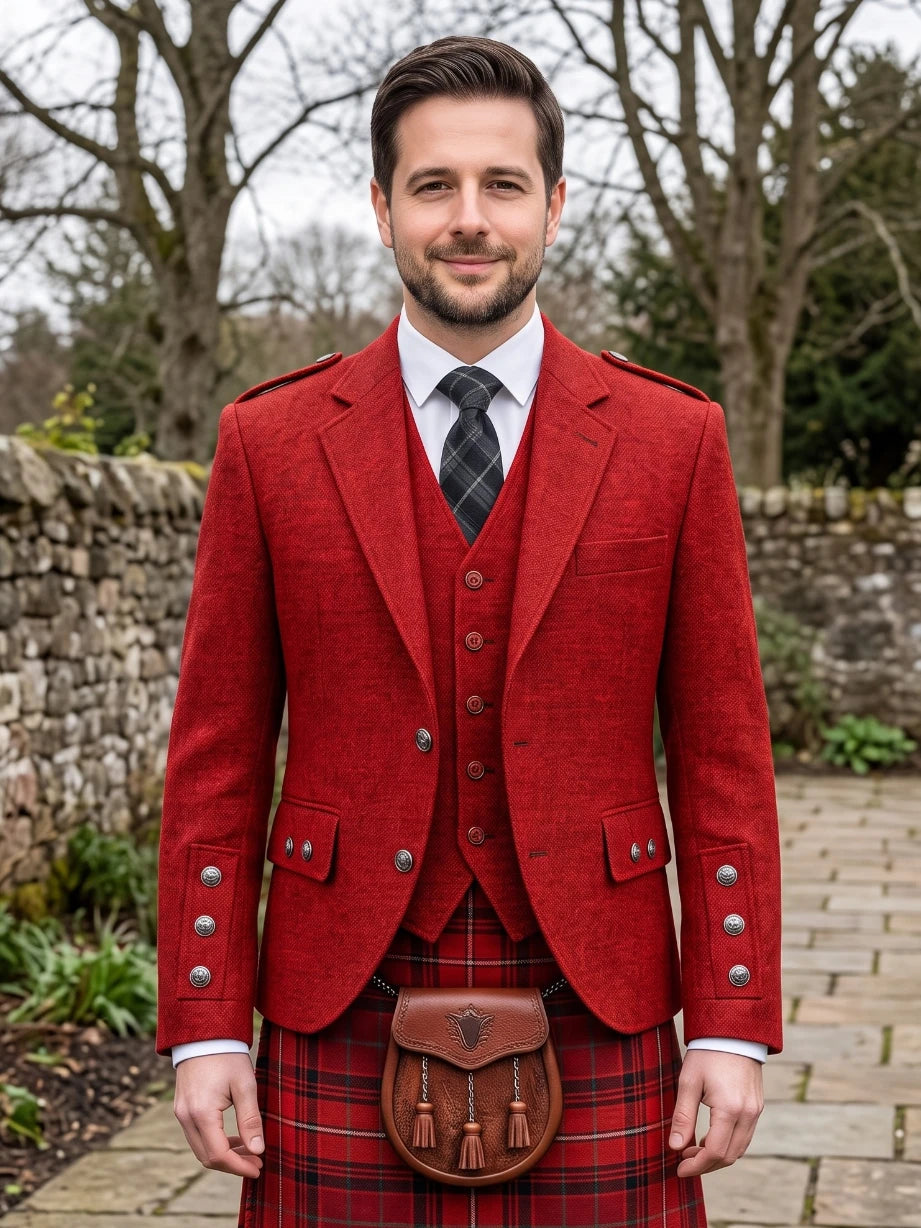 Red Tweed Argyle Kilt Jacket With Vest