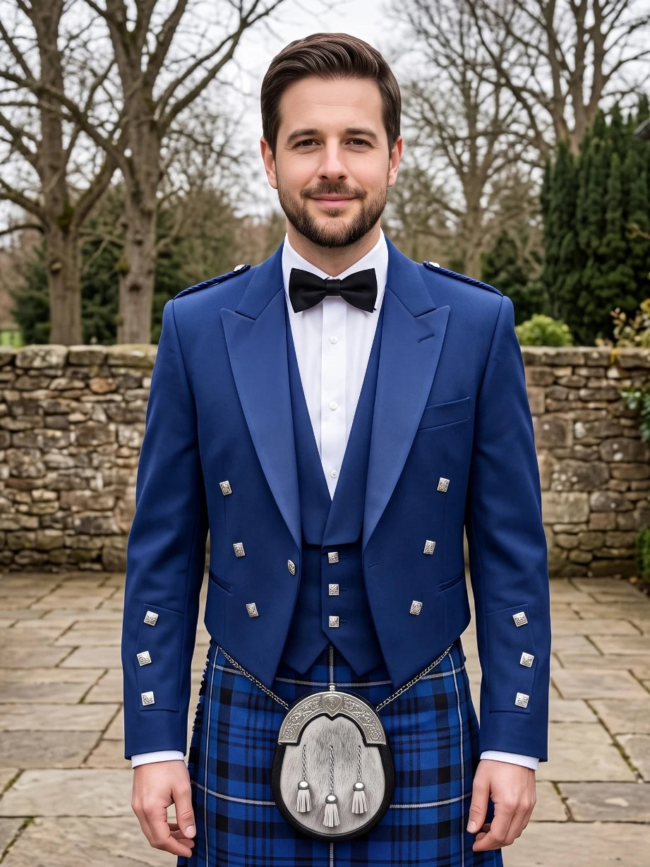 Royal Blue Prince Charlie Kilt Jacket with Satin Lapels & Silver Square Buttons