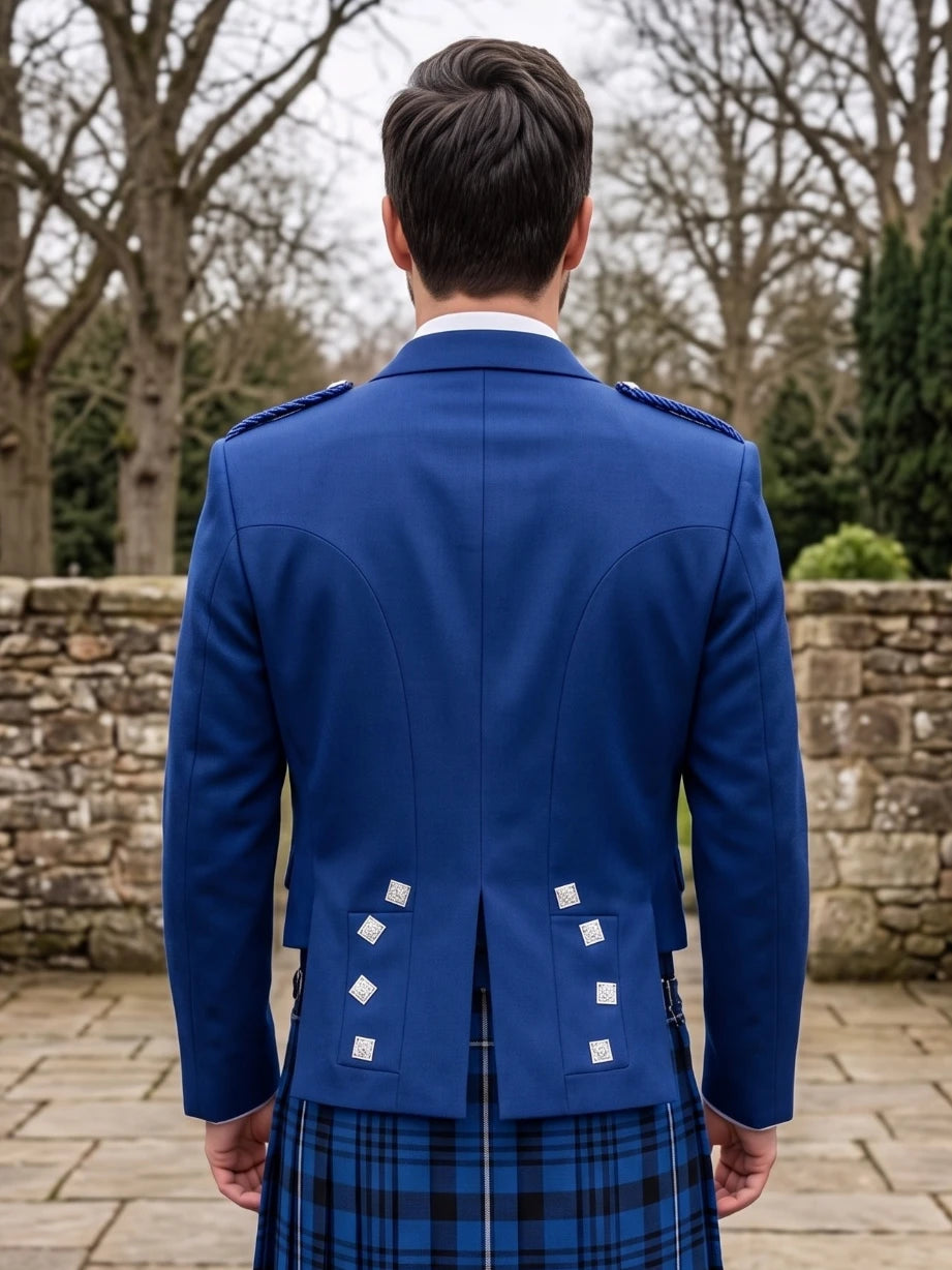 Royal Blue Prince Charlie Kilt Jacket with Satin Lapels & Silver Square Buttons