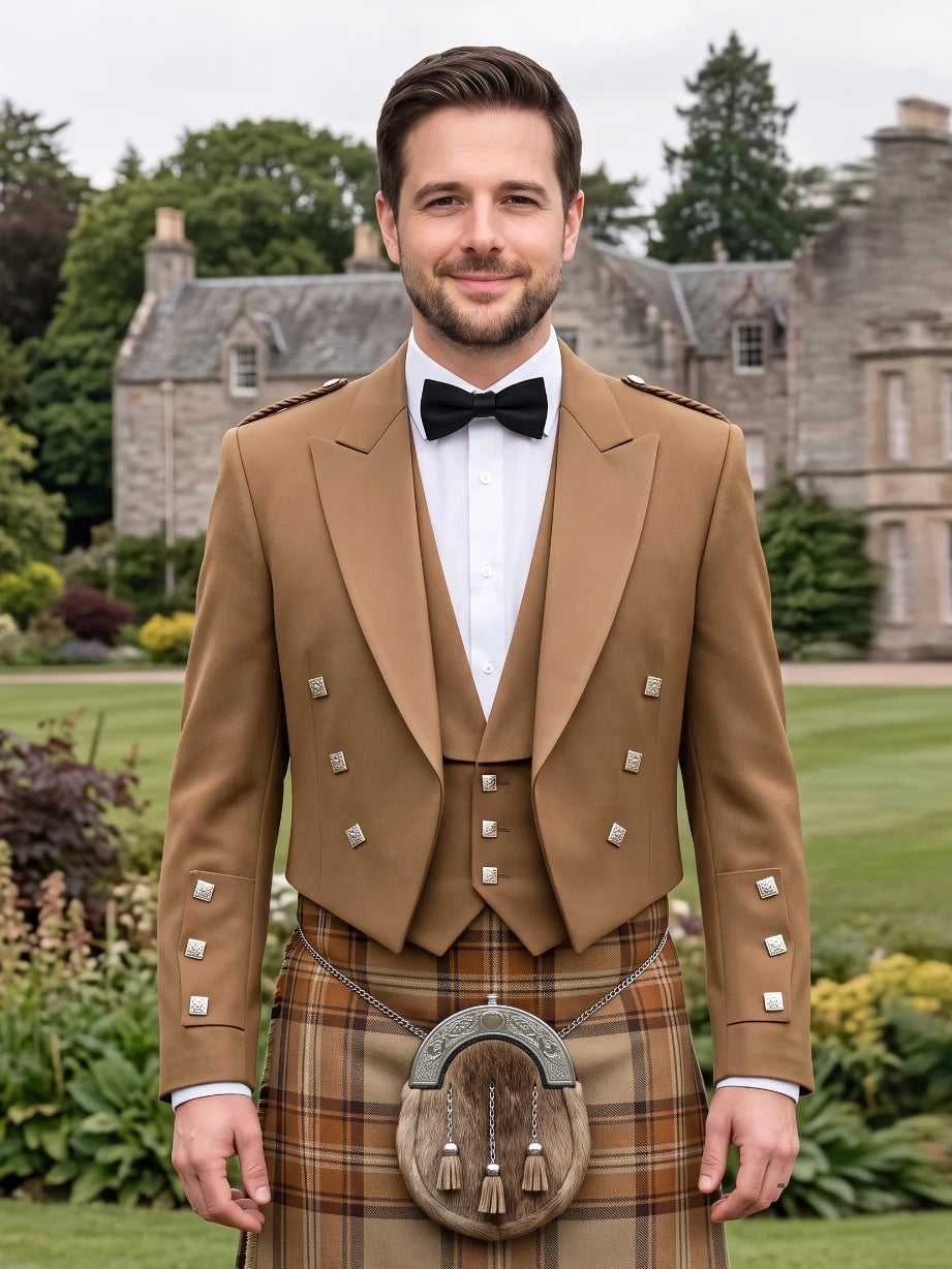 Tan Prince Charlie Kilt Jacket with Satin Lapels & Silver Square Buttons