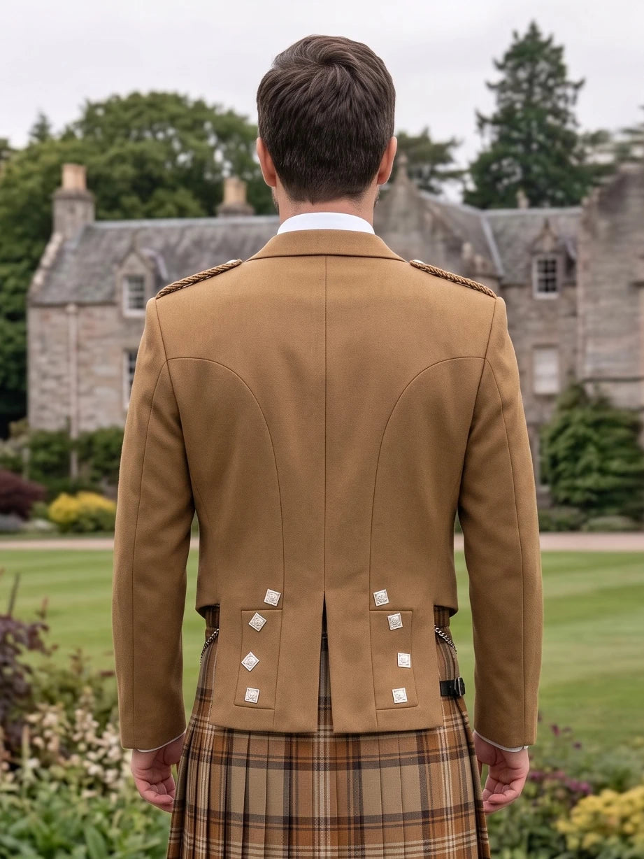 Tan Prince Charlie Kilt Jacket with Satin Lapels & Silver Square Buttons