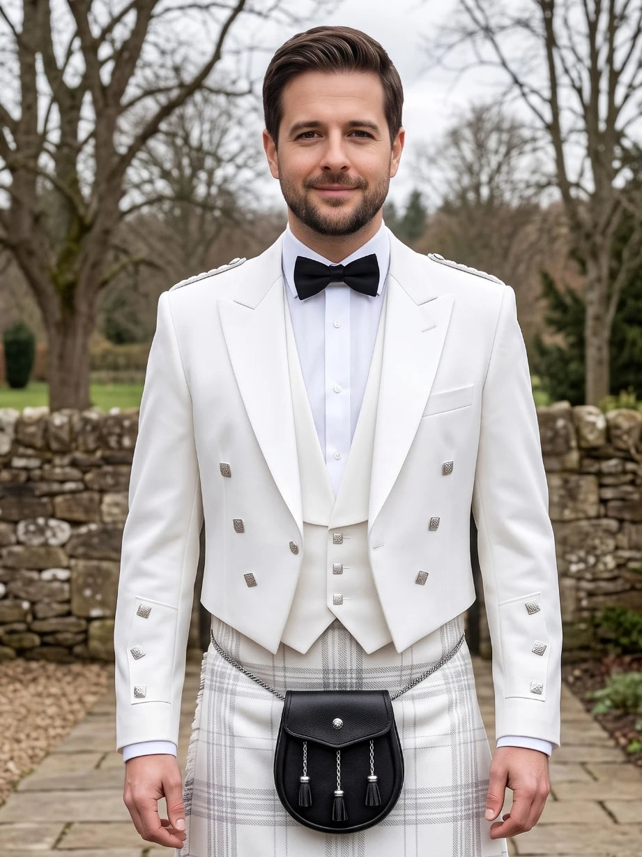 White Prince Charlie Kilt Jacket with Satin Lapels & Silver Square Buttons