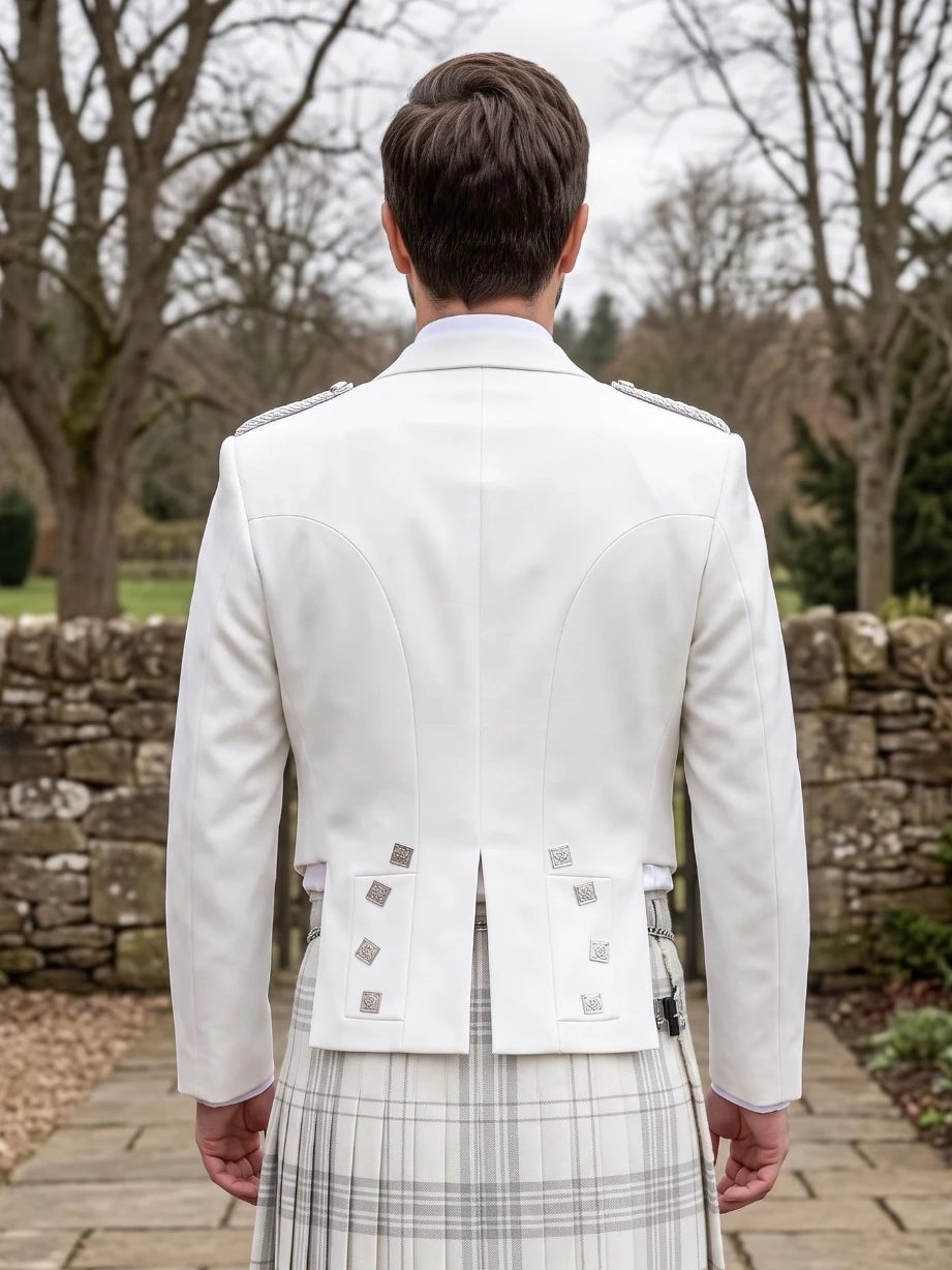 White Prince Charlie Kilt Jacket with Satin Lapels & Silver Square Buttons
