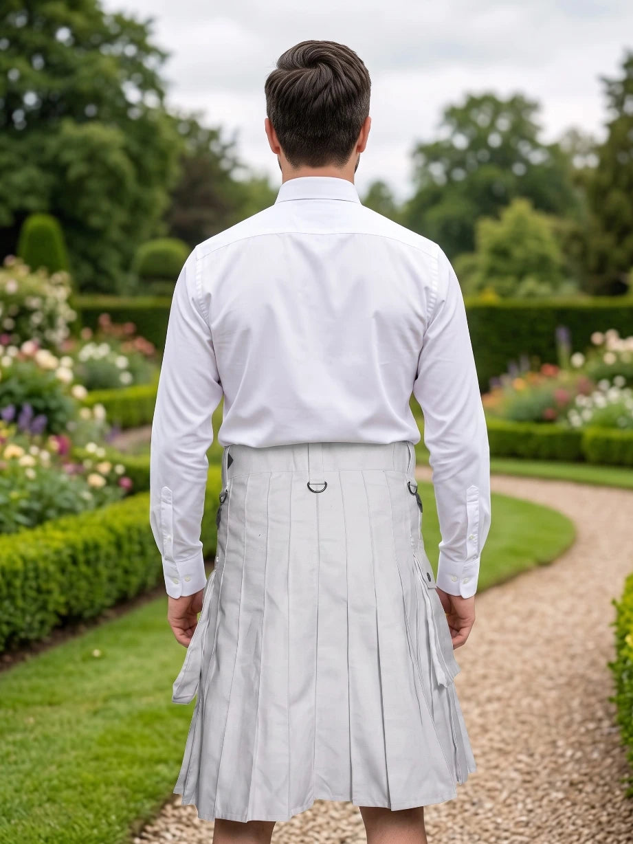 Custom Made White Utility Kilt With Leather Straps