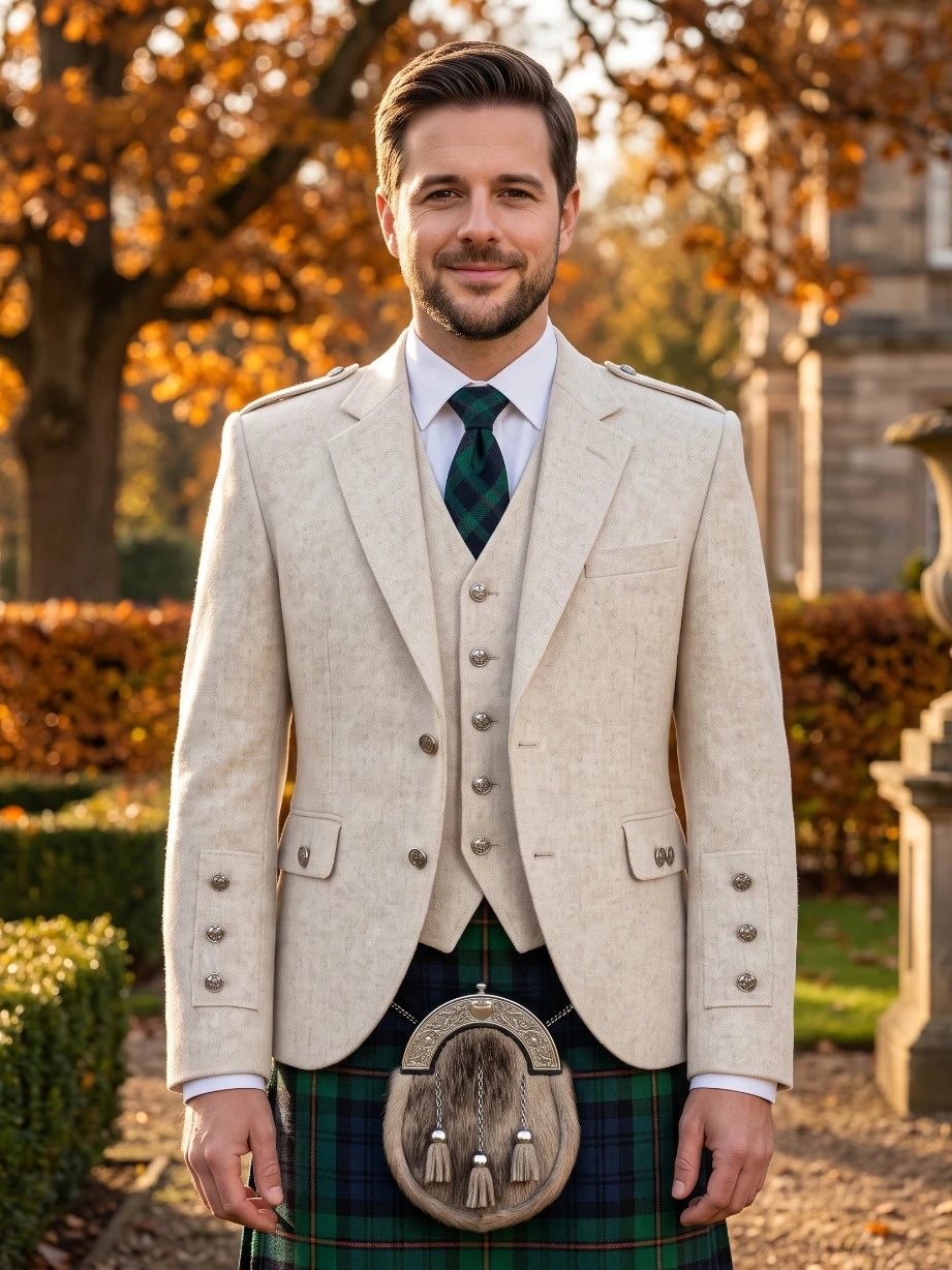 White Wool Argyle Kilt Jacket With Vest