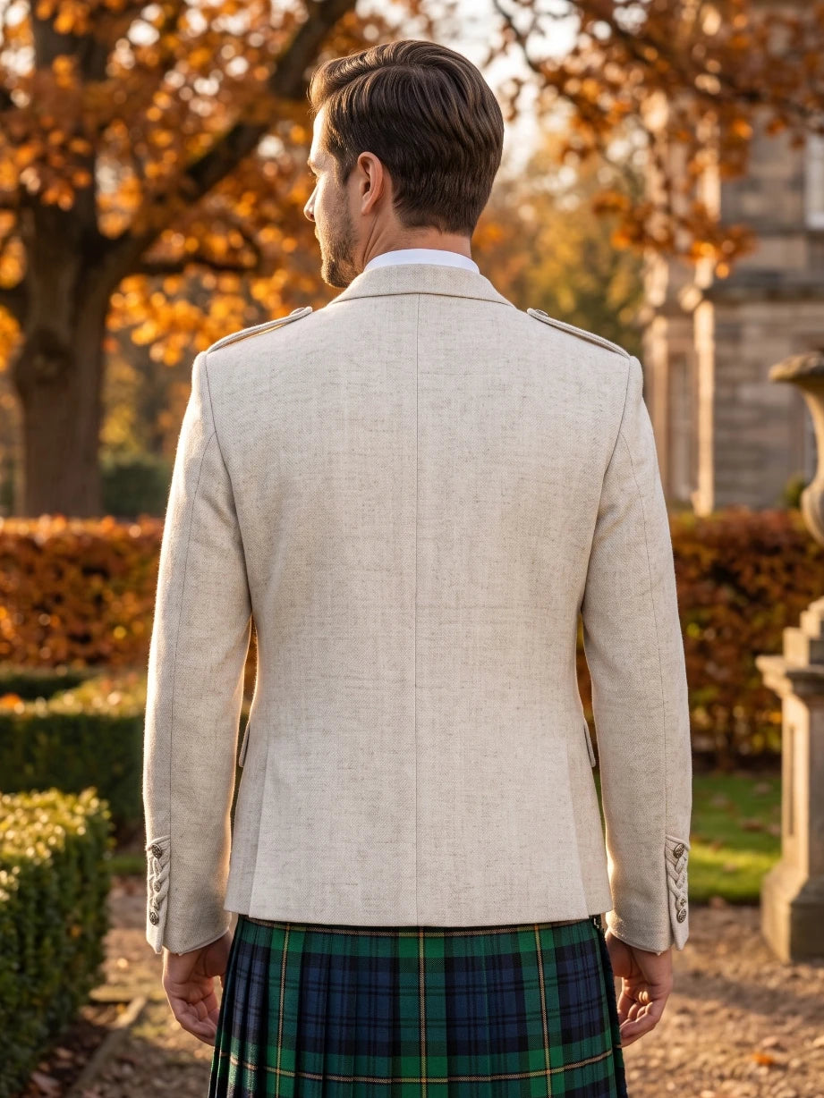 White Wool Argyle Kilt Jacket With Vest