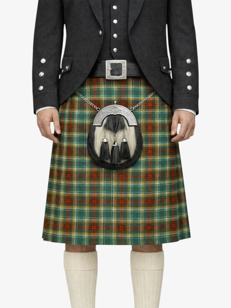 Person wearing a traditional Scottish kilt with a tartan pattern on a white background