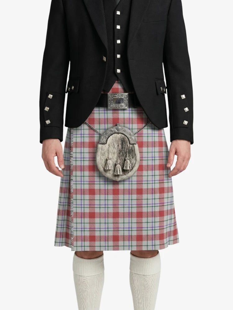 Person wearing a black jacket, red plaid kilt, and white knee-high socks on a white background