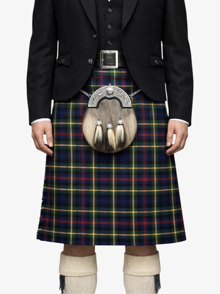 Person wearing a traditional Scottish kilt with a sporran on a white background