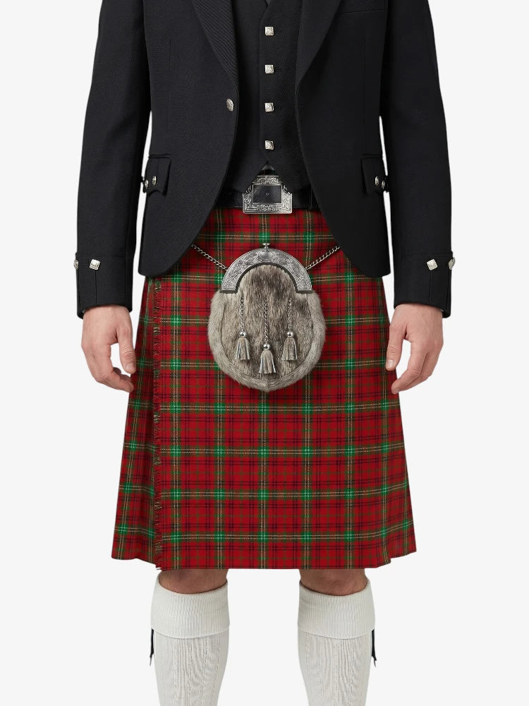 Person wearing a red tartan kilt with a black jacket and white socks on a white background