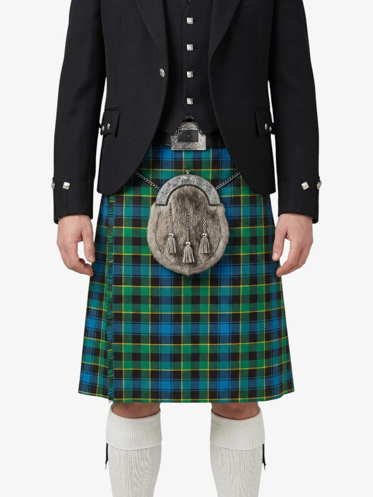 Person wearing a traditional Scottish kilt with a tartan pattern on a white background