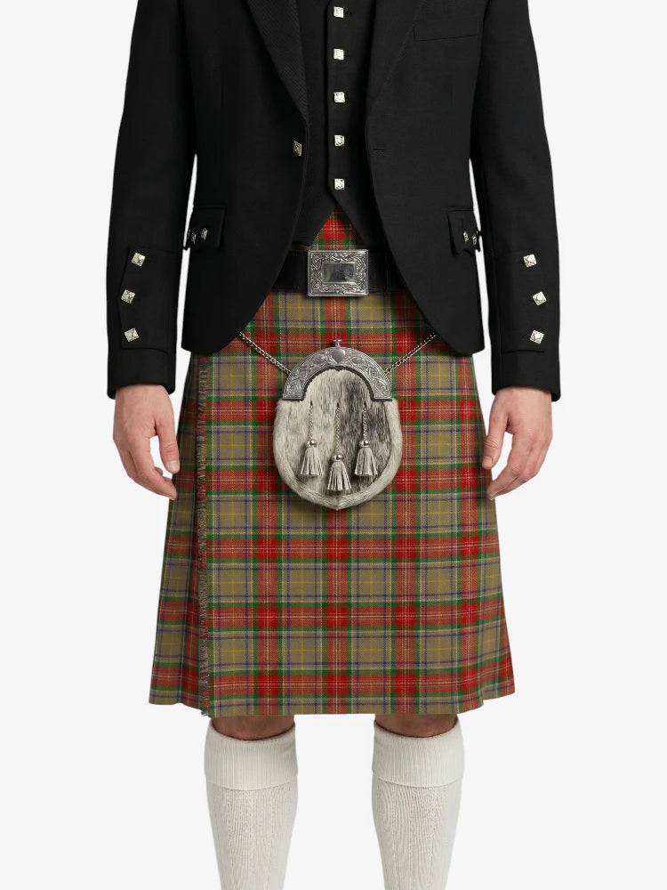 Person wearing a traditional Scottish kilt with a tartan pattern on a white background