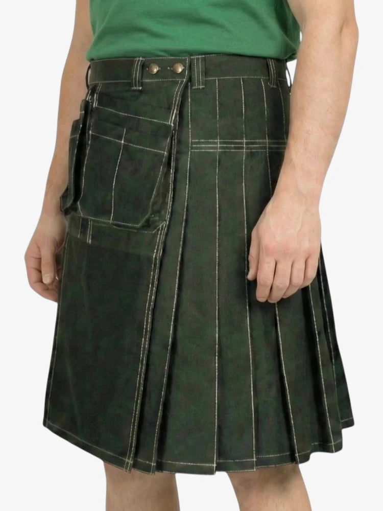 Person wearing a green plaid kilt on a white background