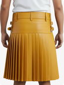 Yellow pleated skirt with belt and decorative elements on a white background