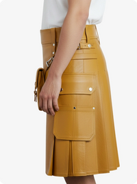 Tan leather skirt with multiple pockets and zippers on a white background