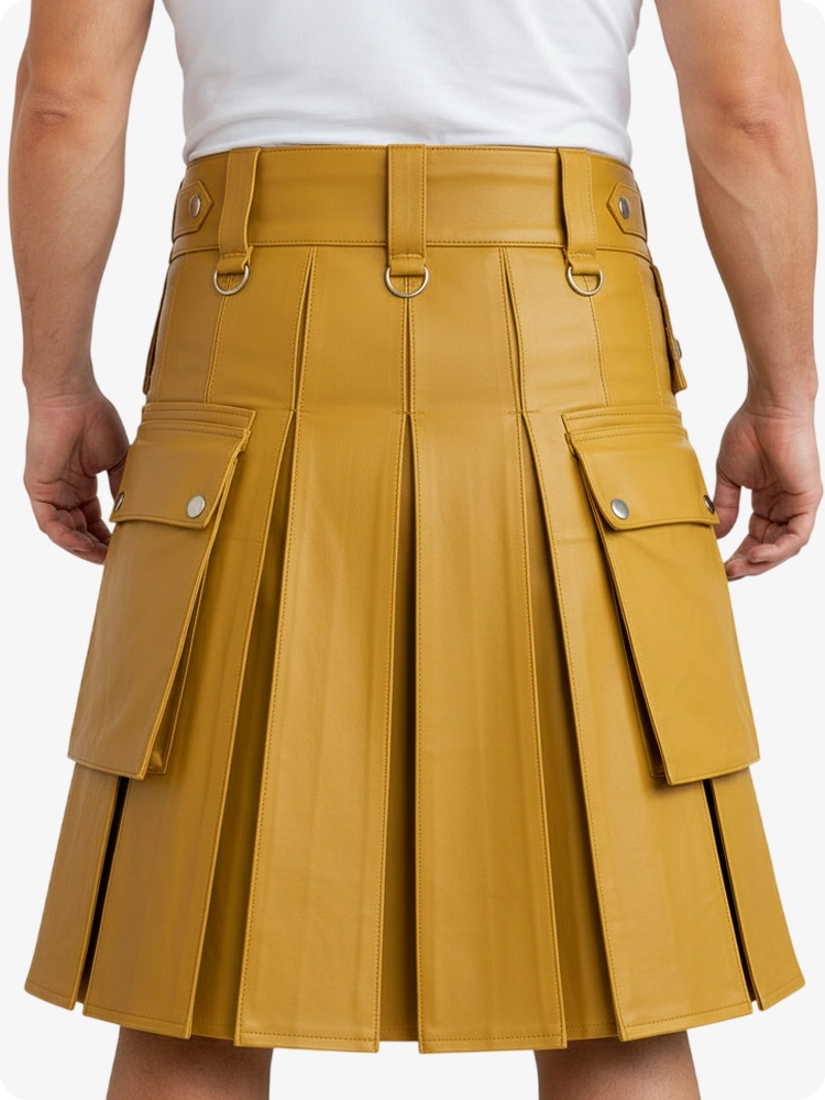 Yellow pleated skirt with cargo pockets on a white background